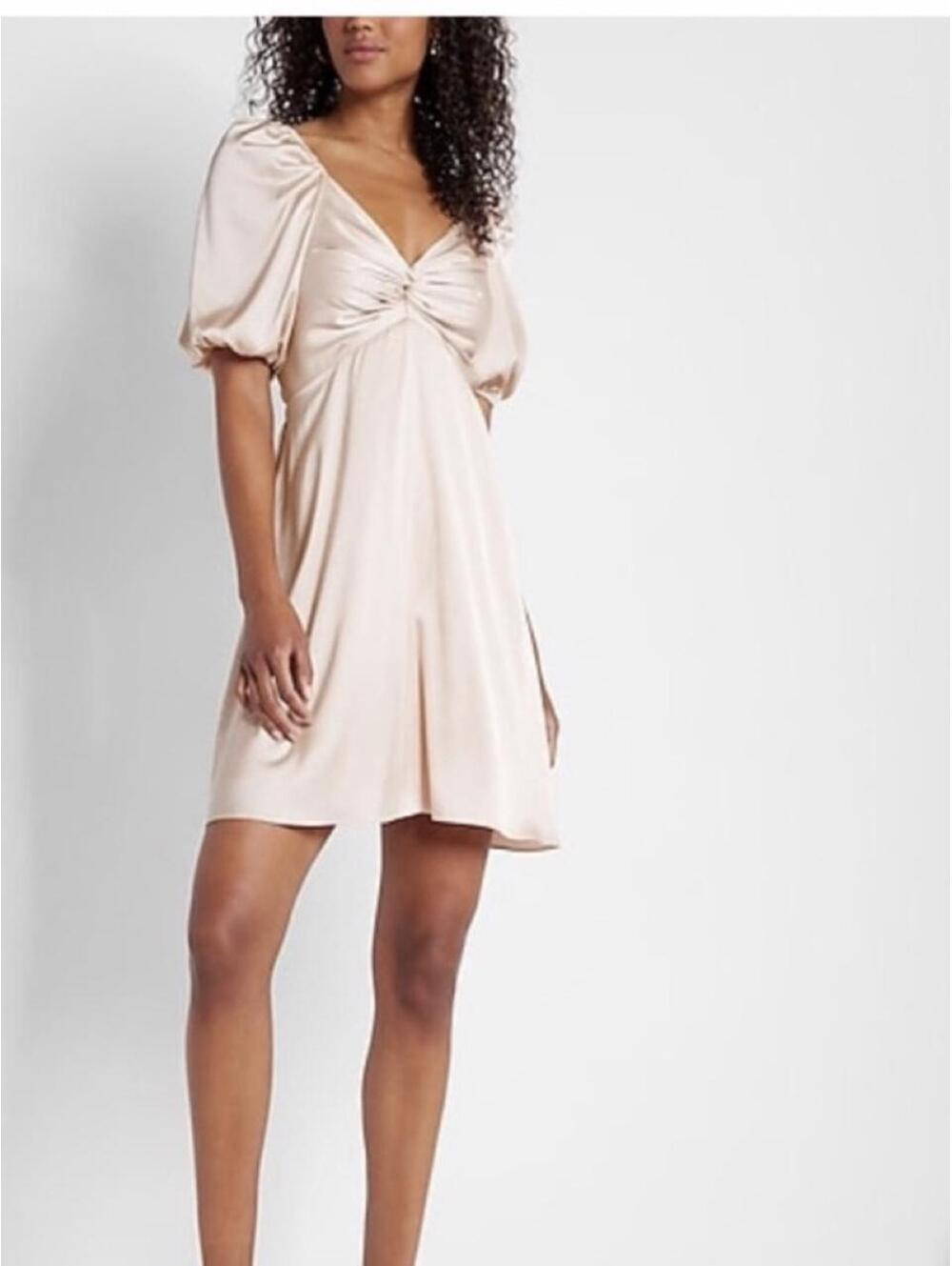 Satin Twist Front Puff Sleeve Mini Dress from Express